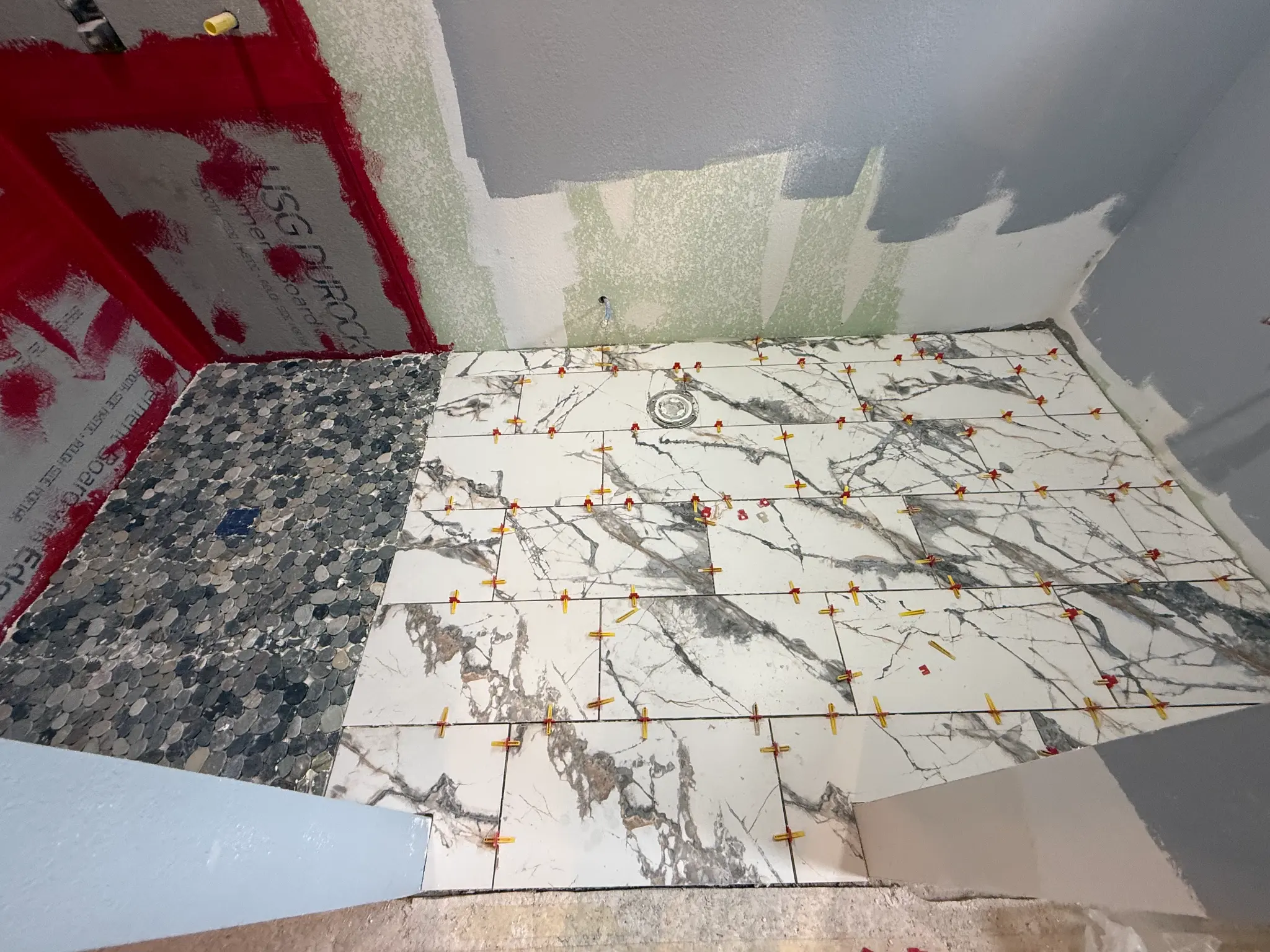 Tile installation in progress